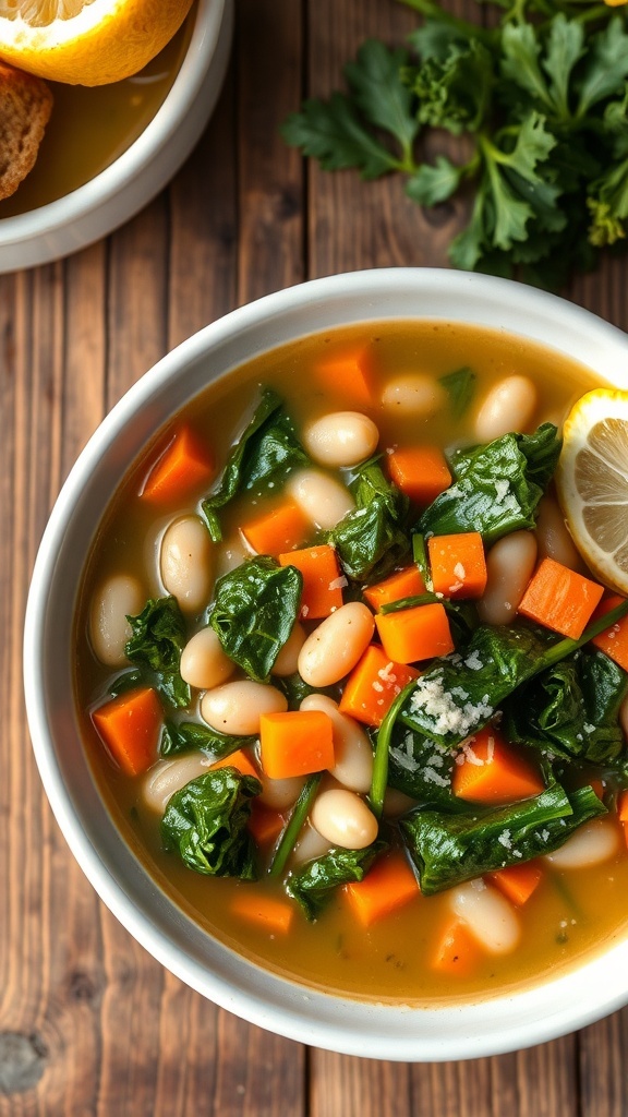 A bowl of kale and white bean soup with Parmesan cheese and lemon, on a rustic wooden table.